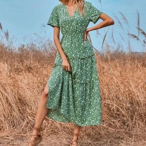 SHEIN Green Floral Print Slit Dress